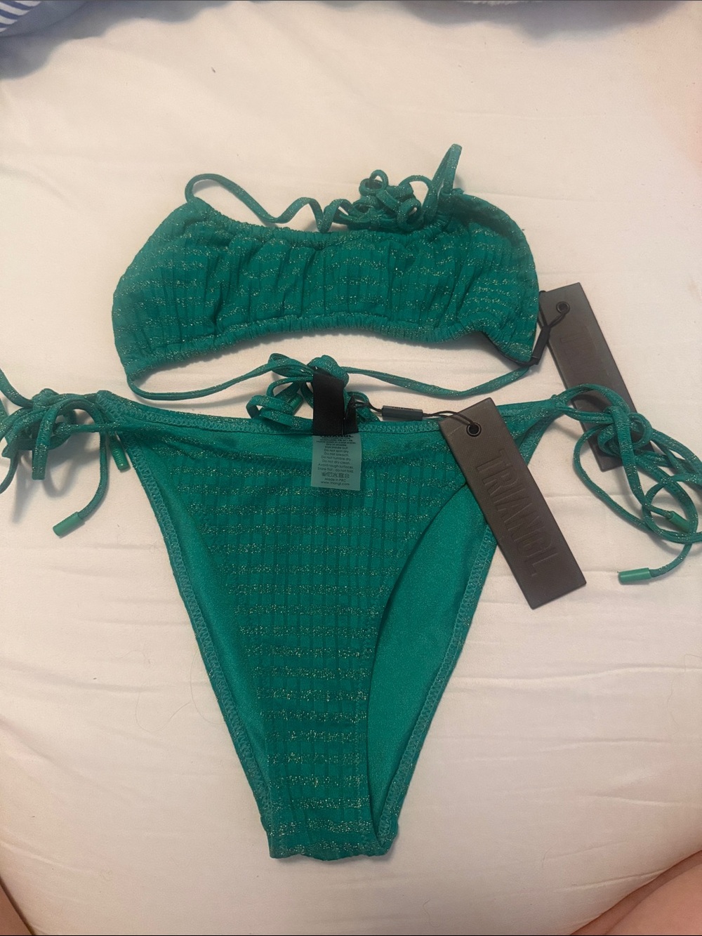 Triangl Teal Shimmery Ribbed String Bikini Set